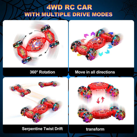4WD Gesture Sensing RC Stunt Car With 2.4GHz Remote 360-Degree Drifts And Rotations Lights And Music Kid Friendly Toy showing motions