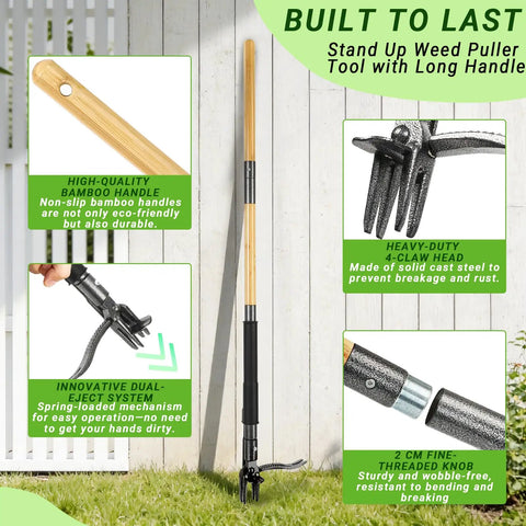 Stand Up Weed Puller Tool With Dual Action Pop Up Mechanism For Easy Weed Removal In Garden Lawn And Yard 43.5 Inch Long Durable Ergonomic Handle For Quick Dirt Uprooting, bamboo handle and 4-claw steel head