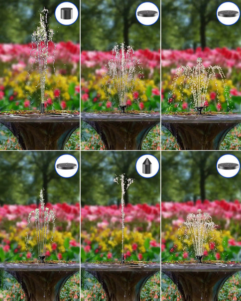 Sun Powered Solar Fountain Kit For Bird Bath And Backyard Water Feature showing different spray patterns.