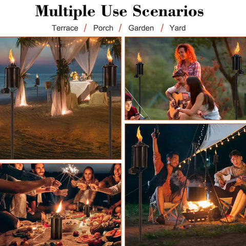 Outdoor Citronella Metal Torch Set Of 4 16 Oz Each Adjustable 59 Inch Garden Torches For Patio And Pathway in use at night.