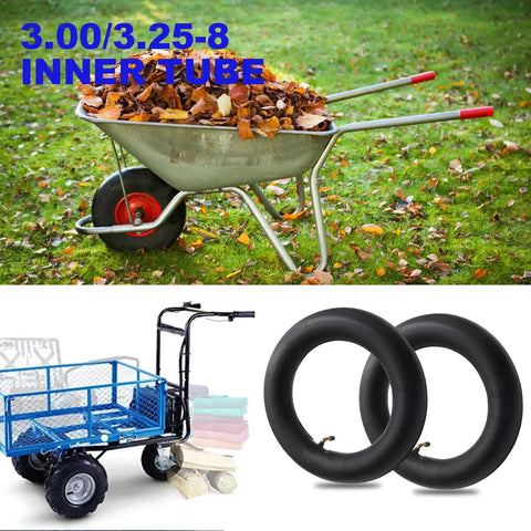 3.00-3.25-8 Replacement Inner Tubes With TR-87 Bent Valve Stem For 8 Inch Rims shown with wheelbarrow and garden cart