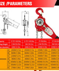Heavy Duty Lever Chain Hoist 1700 Lbs Capacity 5 Ft Manual Ratchet Chain Puller with size and parameters chart