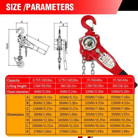 Heavy Duty Lever Chain Hoist 1700 Lbs Capacity 5 Ft Manual Ratchet Chain Puller with size and parameters chart