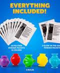 DIY Glow In The Dark Bouncy Ball Kit For Kids with 10 polymer powder packets, 2 glow-in-the-dark packets, and 5 molds