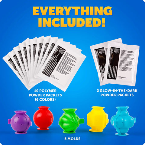 DIY Glow In The Dark Bouncy Ball Kit For Kids with 10 polymer powder packets, 2 glow-in-the-dark packets, and 5 molds