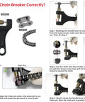 Instructional guide showing how to use Chain Breaker Tool For 420 428 520 525 528 530 Chains Built To Last on motorcycle chain