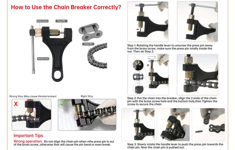 Instructional guide showing how to use Chain Breaker Tool For 420 428 520 525 528 530 Chains Built To Last on motorcycle chain