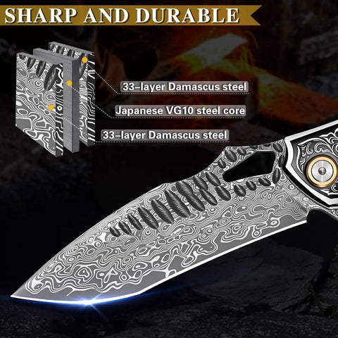 Close-up of Damascus Steel Folding Knife blade with resin fusion maple wood handle, 67-layer design for durability and sharpness.