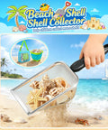 Child using metal sand sifter from Ultimate 24 Piece Beach Toys Set For Kids Ages 3 To 10 With Metal Sand Sifter on a sandy beach.