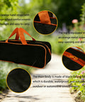 Black Oxford carry bag with orange straps and zipper, part of All In One Garden Stake Staples Kit With 100 6 Inch U Shaped Staples 100 Fixing Washers Rubber Mallet Pick Hook And Carry Bag For Weed Barrier Fabric Ground Cover Fence Posts And Artificial Turf