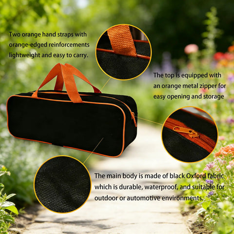 Black Oxford carry bag with orange straps and zipper, part of All In One Garden Stake Staples Kit With 100 6 Inch U Shaped Staples 100 Fixing Washers Rubber Mallet Pick Hook And Carry Bag For Weed Barrier Fabric Ground Cover Fence Posts And Artificial Turf