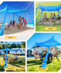 Collage of a sky blue Pop Up Beach Canopy Sun Shelter With UPF Fifty And Ten By Ten Foot Coverage in various outdoor settings.