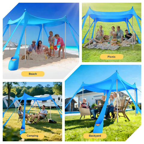 Collage of a sky blue Pop Up Beach Canopy Sun Shelter With UPF Fifty And Ten By Ten Foot Coverage in various outdoor settings.