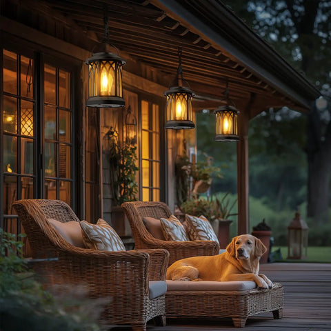 Hangin Solar Lanterns For Outdoors Waterproof 2 Pack Clip And Handle Patio Garden Lights illuminating porch with dog lounging.