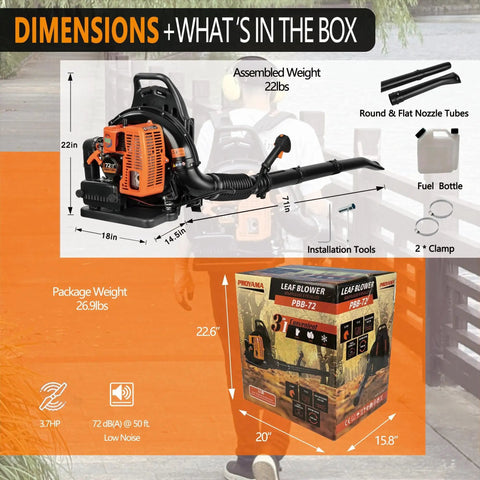 Beast Power 72cc Gas Backpack Leaf Blower With Cruise Control dimensions and box contents illustration.
