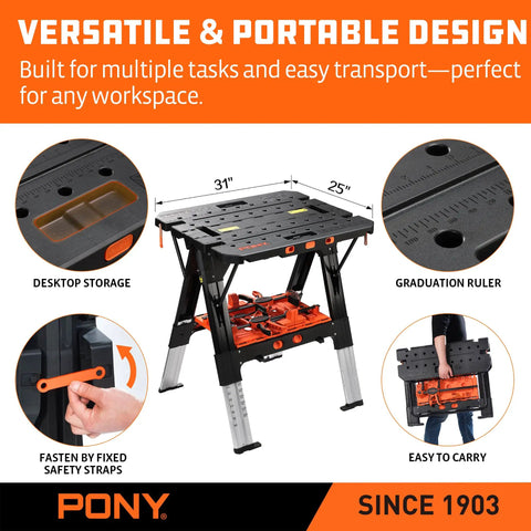 Your Go-To Portable Folding Work Table 2-In-1 Sawhorse And Workbench For DIY Projects displayed with storage, ruler, and straps