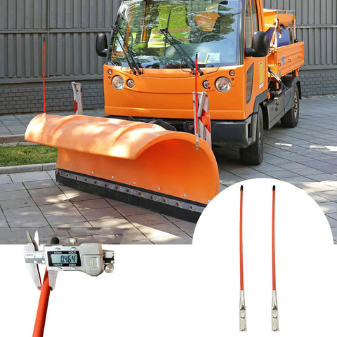 Image of an orange truck with an attached snow plow featuring a 27 Inch Snow Plow Blade Marking Guide Kit With Red Internal Steel Wire Core That Never Breaks, 304L Stainless Steel Mounts, Heavy Duty Guide Rail For Boss Blizzard Western Plows, SUVs, UTVs, ATVs And Pickup Trucks.