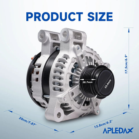 Beefed Up 170 Amp 12V Alternator Upgrade For Buick Enclave 2008 2017 For Chevy Traverse 2009 2017 For GMC Acadia 2007 2017 Saturn Outlook 2007 2010 With Six Groove Pulley Air Cooling CW Rotation OE Style Replacement, showing product size and dimensions.
