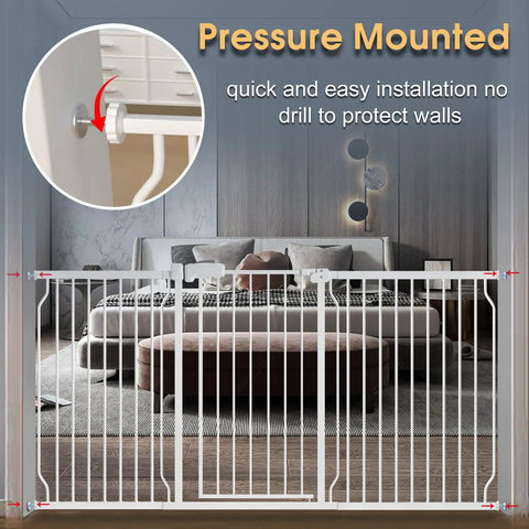 Extra Wide Pet Gate For Stairs And Doorways With Walk Through Design, 37.4 Inches Tall, Pressure Mounted Safety Gate, white metal frame.