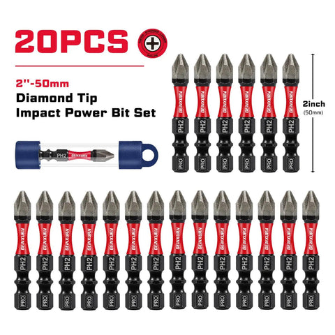 Diamond Coated Impact Screwdriver Bit Set With 20 Pieces Two Inch PH2 Phillips Driver Bits Magnetic S2 Steel Tips And Tubes Package For Pro Grade DIY Projects displayed on a surface.