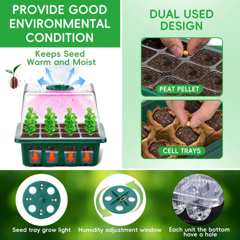Seed Starter Kit With Grow Light, 5 Pack Seedling Trays With Heat Mat And Humidity Domes featuring peat pellet and cell trays