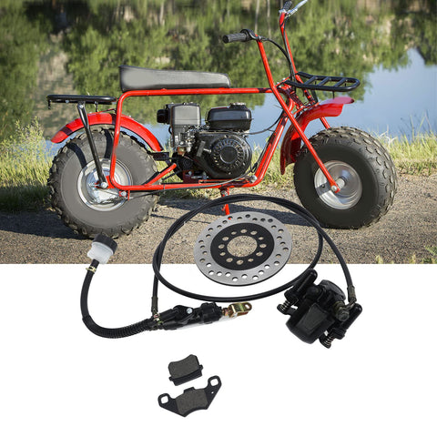 Hydraulic disc brake kit with silver rotor, black caliper, and master cylinder; universal fit for dirt bikes and ATVs.