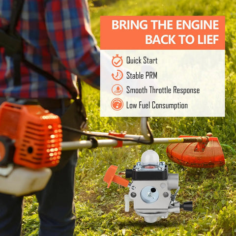Person using trimmer with Stihl Trimmer Carburetor Kit for FS90R FS90 FS110R FS100 KM90R KM90 FS100RX FS110 KM110R HT100 HT101 C1Q S174 Carb Premium Aftermarket Replacement For Easy Install And Rock Solid Performance In Stihl Trimmer Engines.