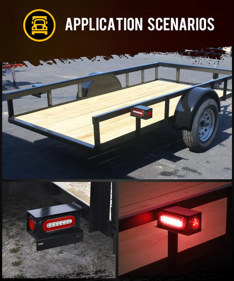 Two Pack Trailer Light Boxes Kit With 6 Inch Oval LED Tail Lights And 2 Inch Red Round Marker Lights installed on a trailer
