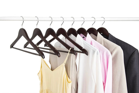 Solid Wood Hangers 20 Pack With Smooth Walnut Finish Non Slip Pant Bar 360 Degree Swivel Hook holding clothes
