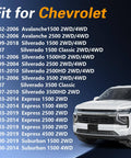 Chevy vehicle compatibility list with years and models, featuring a Chevy truck image on a dark blue background.
