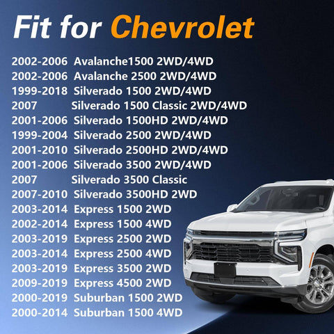 Chevy vehicle compatibility list with years and models, featuring a Chevy truck image on a dark blue background.