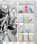 Comparison of messy toiletries vs. organized items in 12-pocket Mesh Shower Organizer Hanging Caddy With Rotating Hanger