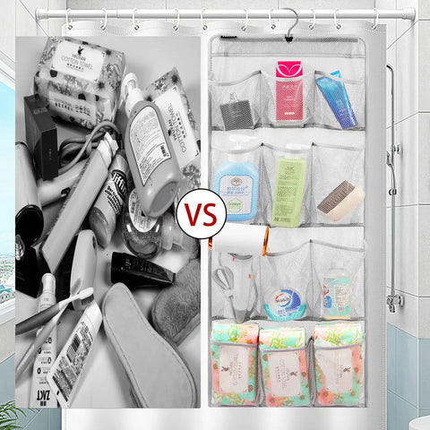 Comparison of messy toiletries vs. organized items in 12-pocket Mesh Shower Organizer Hanging Caddy With Rotating Hanger