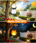 Two Pack Solar Flame Lantern Lights With Flickering Flame Effect For A Lit Outdoor Look Hanging Lanterns in garden, day and night view.