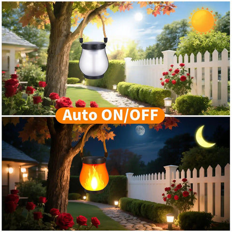 Two Pack Solar Flame Lantern Lights With Flickering Flame Effect For A Lit Outdoor Look Hanging Lanterns in garden, day and night view.