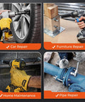 Four image grid showing car repair with lug nut removal, furniture assembly, home maintenance, and pipe repair using power tools.