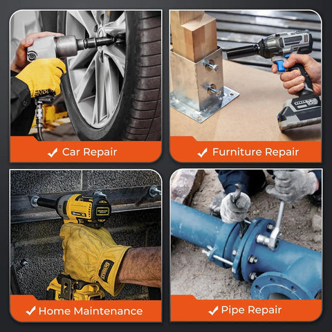 Four image grid showing car repair with lug nut removal, furniture assembly, home maintenance, and pipe repair using power tools.