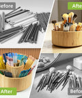 Large Bamboo 360 Degree Rotating Pencil Holder Desk Organizer With 11 Compartments For Pens Markers And Tools Smooth Spin For Easy Access Keeps Your Workspace Neat Must Have Eco Friendly Office Accessory, before and after organization comparison