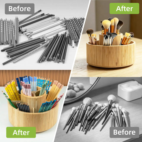 Large Bamboo 360 Degree Rotating Pencil Holder Desk Organizer With 11 Compartments For Pens Markers And Tools Smooth Spin For Easy Access Keeps Your Workspace Neat Must Have Eco Friendly Office Accessory, before and after organization comparison