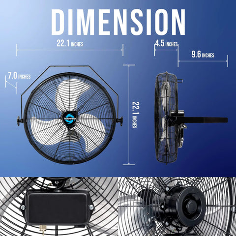 Dimensions and side view of 18 Inch High Velocity Industrial Wall Fan With TEAO Enclosure Motor 4000 CFM 3 Speed shown