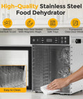 Hella Spacious 12 Tray Food Dehydrator With Stainless Steel Racks For Cranking Out Beef Jerky Dried Fruit Veggie Chips And Garden Herbs A Total Game Changer For Preserving Fresh Harvest Without The Hassle, showing stainless steel interior with easy-to-clean trays.