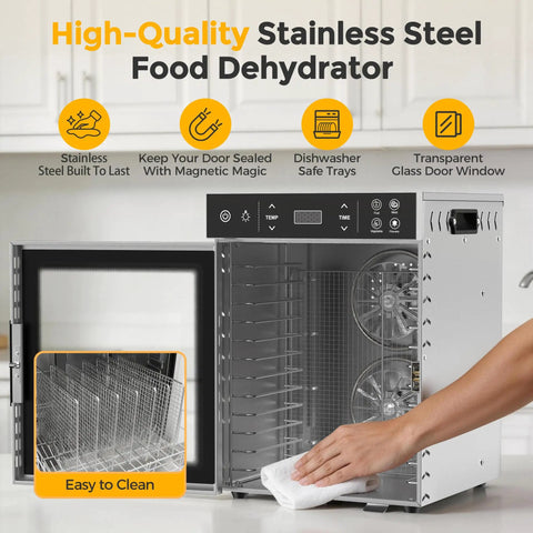 Hella Spacious 12 Tray Food Dehydrator With Stainless Steel Racks For Cranking Out Beef Jerky Dried Fruit Veggie Chips And Garden Herbs A Total Game Changer For Preserving Fresh Harvest Without The Hassle, showing stainless steel interior with easy-to-clean trays.