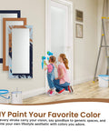 Slab Interior Door For 24 By 80 Opening With Full Lite Tempered Frosted Glass, Solid Core, Preassembled, Premium Baking Paint Finish, White, Easy Install, No Hardware Kit Included, Ideal For Bathroom Or Pantry, Pet Friendly, shown on wall with children painting.
