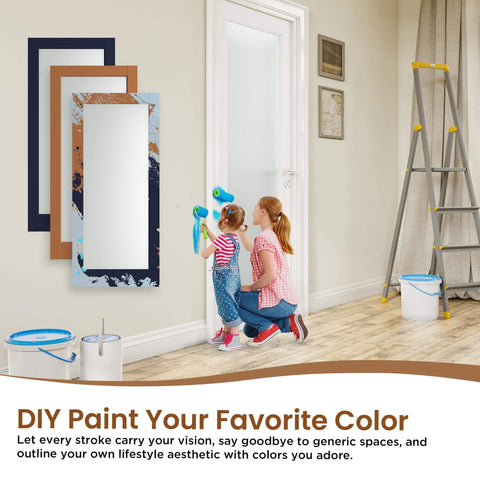 Slab Interior Door For 24 By 80 Opening With Full Lite Tempered Frosted Glass, Solid Core, Preassembled, Premium Baking Paint Finish, White, Easy Install, No Hardware Kit Included, Ideal For Bathroom Or Pantry, Pet Friendly, shown on wall with children painting.