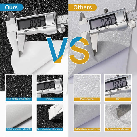 Comparison of black peel and stick glitter wallpaper with real ultra fine glitter and competitor's material thickness and durability