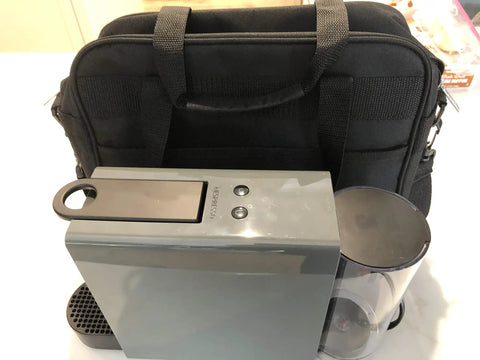 New Improved Travel Bag Case for Nespresso Essenza Mini and Pixie With Extra Interior Padding Protects Coffee Maker next to machine
