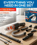 Cordless Handheld Vacuum with 3-Foot Telescoping Wand 2-in-1 Blower and attachment kit on table, box in background