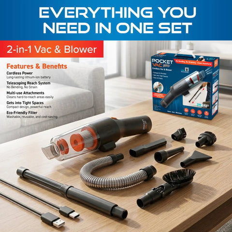 Cordless Handheld Vacuum with 3-Foot Telescoping Wand 2-in-1 Blower and attachment kit on table, box in background