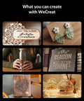 Collage of crafts including engraved wood, leaf earrings, bottle, book cover, leather bag, and artistic displays by WeCreate.