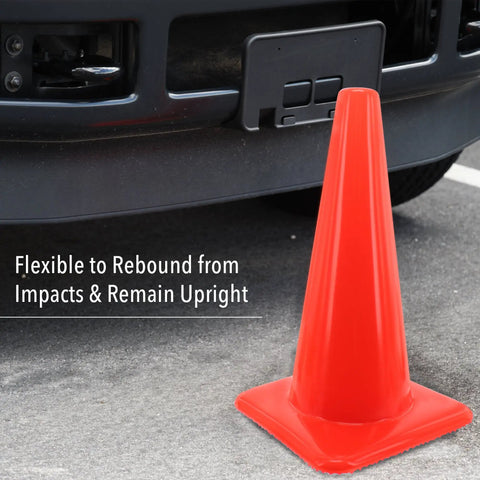 Bright Orange 18 Inch Traffic Cone Built Tough For Weather Resistance beside vehicle bumper on asphalt